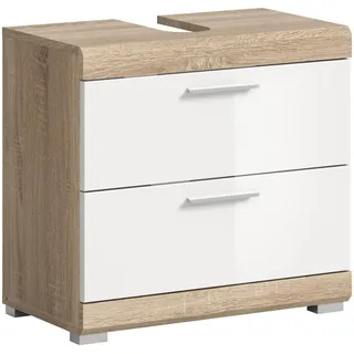 furnling Waschbeckenunterschrank Scott, weiße Hochglanzfront, 2 Schubladen, Unterschrank mit Siphon-Ausschnitt, Front mit Rillenfräsung, Breite 60 cm, Korpus Sonoma Eiche
