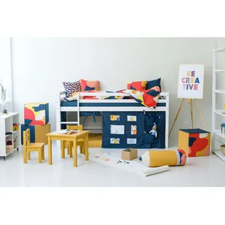 Hoppekids Hochbett ECO Dream, Kinderbett, Spielbett, Halbhohes Bett aus Massivholz inkl. Vorhang-Set Creator, Bettgröße & Matratze wählbar blau 101 cm x 208 cm x 105 cm