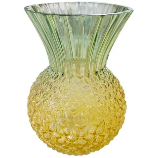 Macosa Home Dekovase Deko Glasvase Ananas Design 22 cm Gelb Grün Farbverlauf (Sommer Tischdeko Terrasse, modern für Wohnzimmer Küche Esstisch Fensterbank), Vase rund strukturiert Glas Blumenvase gelb|grün