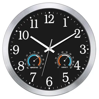 KIZLOC 40 cm Outdoor Uhr wasserfest mit Thermometer und Hygrometer, Schwarz | Wetterfest, Leicht lesbar & Lautlos | mit silbernem Aluminiumrahmen | Quarz-Wanduhr für Garten, Terrasse, Balkon, Schwimmbad