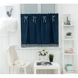 Dreamskull Kurzstores Gardinen Kleinfenster Kurz Landhausstil Vintage Blickdicht Scheibengardinen Kurzgardinen Vorhang Kurzvorhang Modern Küche Kariert 90cm hoch 2er Set Wohnzimmer (Dunkelblau)
