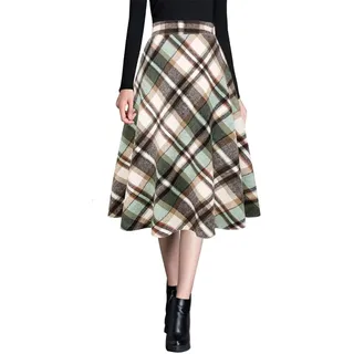 Ylingjun Damen Warme Wolle Midi Röcke Winter Herbst Hohe Elastische Taille A Linie Ausgestellte Wollröcke, Grün 02, Klein - S