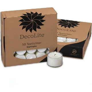 DecoLite: 50-500 Teelichter Nightlights in transparenter Hülle | 8 Stunden Brenndauer | 100% made in Germany | RAL Geprüft | höchste Qualität | Kerzen in Durchsichtigem Behälter (100) Ohne Duft