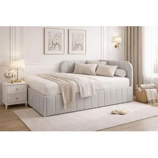 Bett Mario 120x200 cm, Polsterbett mit Metallrahmen, Jugendbett mit Bettkasten, Riviera-Stoff, Grau, Rechts - Grau