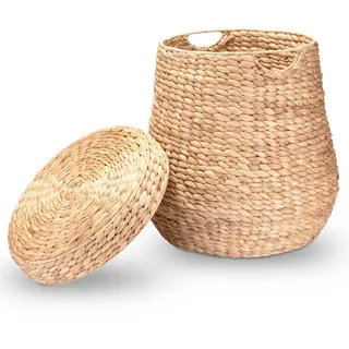 Decorasian Wäschekorb geflochten mit Deckel - groß und rund – großer Korb aus Wasserhyazinthe mit Henkel – Wäschesammler Rattan mit Griff - Aufbewahrung - 46cm