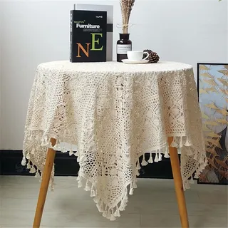 BMIDRUT Tischdecken Rechteck Häkelspitze Beige Vintage Baumwolle Tischdecke Hochzeit Home Party Dekoration 140 * 160cm