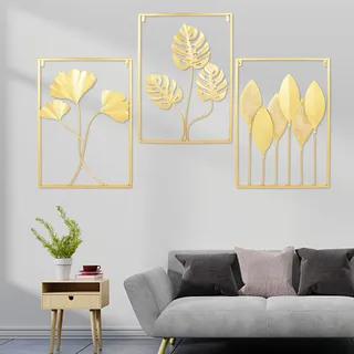 3Stück Metall Wanddeko Wandregal, Wanddekoration Wohnzimmer Gold Wanddeko, 3D ausgehöhlte Blätter künstlerische Eisen Wand montiert Wohnzimmer Dekoration, Ginkgo Biloba Wandbehang Wanddeko Deko(Laub)
