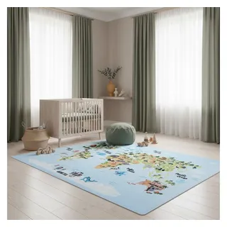 KADIMA DESIGN Kinderteppich TRAUN Spielteppich Kinderzimmer Waschbar Webteppich Rutschfest, Rechteckig, Höhe: 8 mm, 160x230 cm, Strapazierfähig Fußbodenheizung Weltkarte Waschbar blau 160 cm x 230 cm x 8 mm