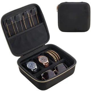 ProCase kleines Herren Reise Schmuckkästchen, 3 Slots Uhrenzubehör Reise Aufbewahrungsbox Schmuckaufbewahrungsbox für Herren, Brille Halsketten Ringe Armbänder Organizer Tasche für Männer -Schwarz