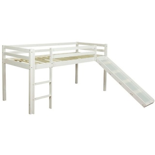 Homestyle4u Hochbett Kinderbett 90x200 Weiß Grau Lattenrost Matratze (aus Kiefernholz) weiß 97 cm x 207 cm x 110 cm