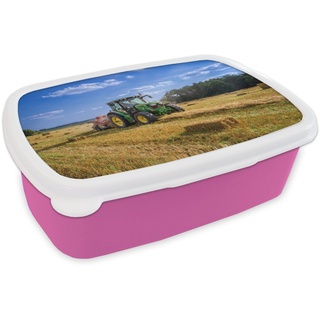 MuchoWow Lunchbox Traktor - Bauernhof - Heu - Feld - Sonne - Landleben, Kunststoff, (2-tlg), Brotbox für Erwachsene, Brotdose Kinder, Snackbox, Mädchen, Kunststoff rosa
