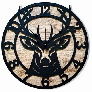 ORNAMENTI Wanduhr Wanduhr rustikal, skandinavisch, alpenländischer Stil, Hirsch, holz (hingucker Wanduhr, Handmade, ohne Ticken, Wanddeko, 3 Größen) 40 cm