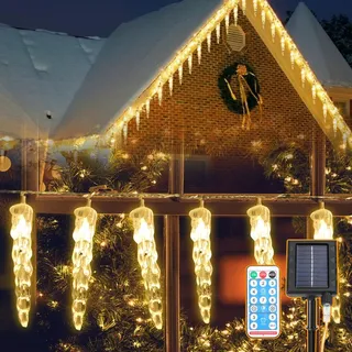 Peviasot 10M LED Solar Eiszapfen Lichterkette Außen Innen 80LEDs Warmweiß 8 Modi IP44 Party Garten Lichtervorhang Weihnachten Eisregen Beleuchtun... - Weiß