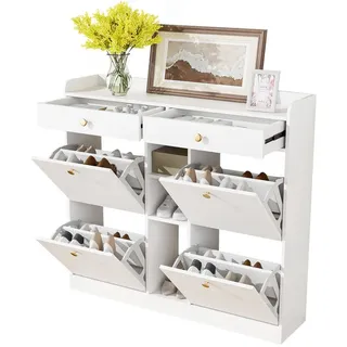 MODFU Schuhschrank Schuhschrank mit minimalistischen Design (Schuhbank, Schuhregal, Schuhkommode, 1-St., Kompakte Größe für Flur und kleine Räume) mit 4 Klappentüren, 2 Schubladen und 3 offenen Fächern weiß
