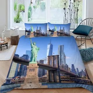 Generisch Bettwäsche 135x200 Freiheitsstatue, Weich Mikrofaser 3D Druck New York Bettwäsche Sets Usa Bettbezug + 2 Kissenbezug 80x80 cm mit Reißveschluss, b2995