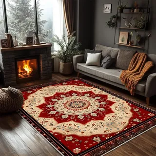 buyluhn Quadratischer Kurzflor Teppich 250x250 cm – Waschbar & rutschfest, Vintage Blumen Rug Carpet Boho Mandala Großer Teppiche für Wohnzimmer & Esszimmer QH29