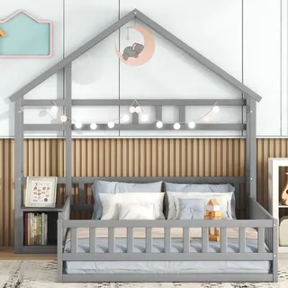 Kinder-hochbett 140 X 200 Cm. Flaches Etagenbett In Hausform Mit Balustrade Und 1 Nachttisch. Grau