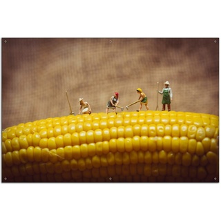 Wallario Sichtschutzzaunmatten Lustige Bauernfiguren auf einem Maiskolben beim Arbeiten gelb 61 cm x 91.5 cm