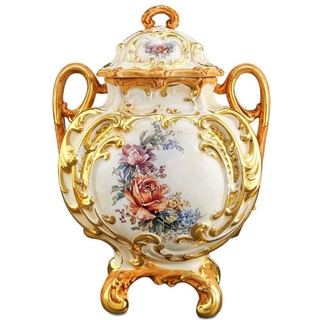 Casa Padrino Barock Keramik Vase mit Deckel und 2 Tragegriffen Weiß / Gold / Mehrfarbig Ø 12 x H. 34 cm - Blumenvase im Barockstil
