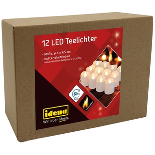 IDENA LED Teelichter, 12er Flackereffekt Timer 12 Stück, elektrische Kerzen mit flackerndem Licht, inklusive Batterien, 6 Stunden Funktion, Höhe ca. 4,5 cm, Deko für Hochzeit, Party, als Stimmungslicht