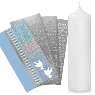 WIKAKERZEN Taufkerze selber Machen Set mit Kerzen-Rohling Buchstaben und Wachsplatten mit Wachsmotiven | Jetzt Größe und Farben Wählen (Kerze 25x7 cm | Weiss, Blau mit Taube)