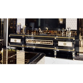 Casa Padrino Luxus Art Deco TV Schrank Schwarz / Weiß / Gold - Massivholz Sideboard mit 3 Schubladen - Art Deco Wohnzimmer Möbel - Luxus Wohnzimmer Möbel - Luxus Art Deco Einrichtung