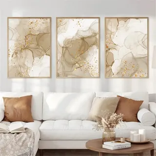 EXQULEG 3 Premium Poster Beige Gold, Große Moderne Bilder als Wanddeko, Abstrakt Wandbilder ohne Rahmen (50x70cm)