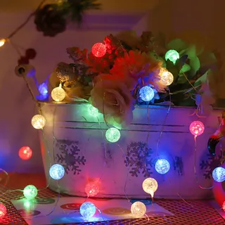 Bunt Kristall Kugeln Lichterkette mit Timer, 3M 30 LED Lichterkette Kugeln Batterie, Micro Kupferdraht Crackle Kugel Lichterketten Innen, Kugellichterkette für Geburtstag,Schlafzimmer,Weihnachten Deko