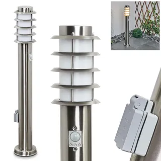 HOFSTEIN Wegeleuchte Tunes, Außenwegeleuchte mit Bewegungsmelder und Steckdose aus Metall/Kunststoff in Nickel-matt/Weiß, moderne Außenleuchte für Garten, Außenbereich, Hof, Terrasse, 80 cm, E27, IP44