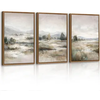3 Pcs Abstrakt Nebel Landschaft Leinwand Bilder mit Rahmen Set, Blau Beige Berge Landschaft Wandbilder Vintage Ruhe Sumpf Bild Auf Leinwand Poster Deko für Wohnzimmer Schlafzimmer Büro Küche 40X60cmX3
