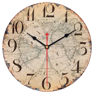 VIKMARI 20cm/8Zoll Schöne Vintage Weltkarte Wanduhr, Klein Industrial Landhausstil Uhr, Batteriebetrieben Holz Lautlos Wanduhr für Wohnzimmer Küche Schlafzimmer Badezimmer Büro