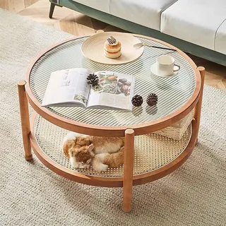 Runder Couchtisch mit Ablage, Rattan, 80 cm, kleiner Glas-Couchtisch für Wohnzimmer, moderner Stil, Bauernhaus, Holz, Couchtisch, Wohnzimmer, Couchtisch, Kreis, einfache Montage (Größe: 80 x 45 cm,