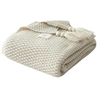 Wohndecke Kuscheldecke Gestrickte Strickdecke,Sofadecke,Tagesdecke, BTTO, Quasten,Weich,Warm,für Bett Sofa und Couch beige 130 cm x 170 cm