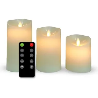 FlinQ wiederaufladbare LED-Kerzen mit beweglicher Flamme – inkl. Fernbedienung mit Timer & Dimmfunktion – flackernd – Stabkerzen – 3er-Set ... - Weiß