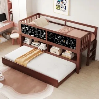 Kinderbett 90x200 Ausziehbar Mit Stauraum Und Tafel, Massivholz Hausbett Inkl. Gästebett, Braun