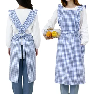 MiOYOOW Vintage Schürzen, Küchenschürze aus Baumwolle mit Karomuster, Rüschen und 2 Kleinen Taschen, Gartenschürze für Frauen zum Kochen, Backen, Grillen und für Cafés.
