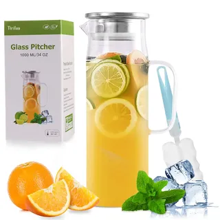 Yirilan 1 L Karaffe mit Deckel, Glaskrug, Wasserkaraffe, Transparent | Borosilikatglas Glaskaraffe mit Deckel. BPA-frei. Inkl. Reinigungsbürste. Für Wasser, Saft, Eistee & Kaltgetränke.