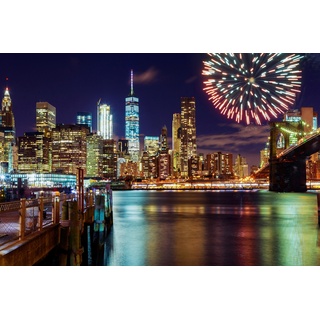 PAPERMOON Fototapete "MANHATTAN-NEW YORK BROOKLYN BRIDGE FEUERWERK SKYLINE" Tapeten Gr. B/L: 4,50 m x 2,80 m, Bahnen: 9 St., bunt Fototapeten