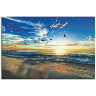 Wandbild ARTLAND "Strand Möwen Meer Sonnenuntergang" Bilder Gr. B/H: 120 cm x 80 cm, Leinwandbild Sonnenaufgang & -untergang, 1 St., blau Kunstdrucke