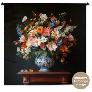 MuchoWow Wandteppich Blumenstrauß - Rosa - Vase, Quadratisch, Höhe: 3 mm, Wand Teppich Wohnzimmer, Schlafzimmer, 150x150 cm Quadratisch | 150 cm x 150 cm x 3 mm