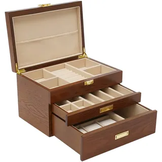 OUKANING 3 Schicht Schmuckbox Groß Schmuckschatulle, Mit Ausziehbare Schublade, Anti-Rutsch Pads, Rechteckig Schmuckkästen, Premium Hardware, Für Verschiedenen Schmuck, Geschenk (Braun)