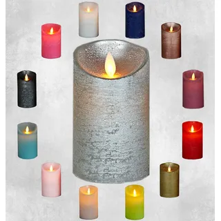 LED Echtwachskerze - Silber Rustik - D7,5cm / H12,50cm - mit Wackelflamme - Batteriebetrieben - Timerfunktion - Weihnachtsdeko