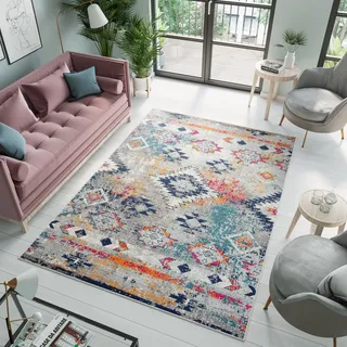 TAPISO Denver Teppich Kurzflor Blau Grau Orange Bunt Figuren Streifen Geometrisch Schlafzimmer Wohnzimmer Büro Modern Design ÖKOTEX 200 x 300 cm