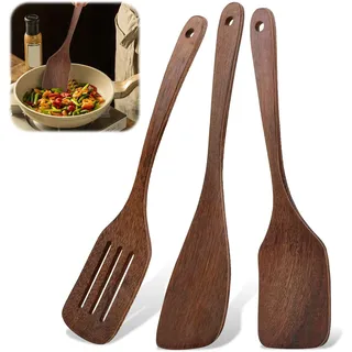 3 Stück Pfannenwender Holz, Küchenspatel Set Antihaft langem Griff für Wok | Holzspatel Set, Holzspatel Küche mit Maserung, Maserung Holz, Antihaftbeschichtung geeignet, Spachtel für Pfanne