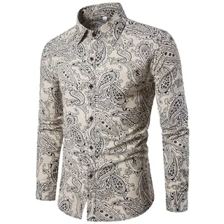 PPPPA Herrenhemd mit Blumenmuster, Button Langarmhemd mit Blumendruck, 100% Baumwolle, Retro, traditionelles ethnisches Muster, Leinen, Langarm, Herren-Paisley-Hemd, lässiges Retro-Button-Down-Hemd - XL