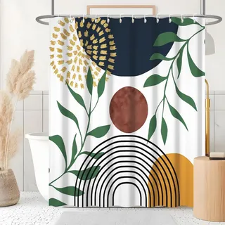 Uiiooazy Duschvorhang 180x200cm, Duschvorhang Grüne Blätter Abstrakt Blau Orange Geometrisches Muster Duschvorhänge Anti Schimmel Stoff Waschbar Wasserdicht Bad Vorhang mit 12 Haken für Badezimmer