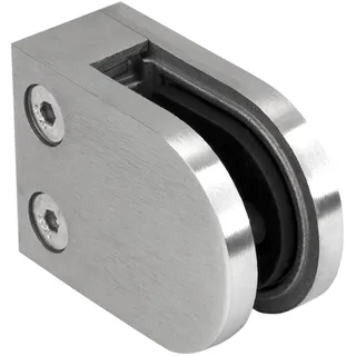 PRIOstahl Glashalter Glasklemmen Klemmhalter Glasplattenhalter - 1 Stück Größe: 63 x 45 x 26-28 mm mit Sicherungsstift Anschluss: Flach - für Glas 10 mm Geländerbau Sichtschutz aus Edelstahl V2A