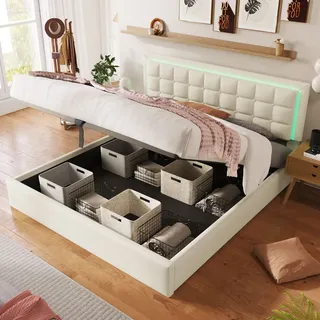Merax Polsterbett Hydraulisches Boxspringbett 140x200cm mit Bettkasten und  Lattenrost, inkl. LED-Beleuchtungsleiste, Doppelbett Stauraumbett Funkt... - Weiß