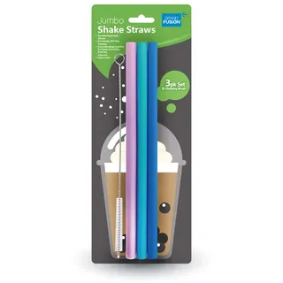 Grand Fusion Wiederverwendbare Trinkhalme und Bürsten-Set, Jumbo-Größe, enthält 3 wiederverwendbare Silikon-Trinkhalme und 1 Bürste, wiederverwendbare Boba-Trinkhalme