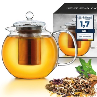 Creano Teekanne aus Glas 1,7l, 3-teilige Glasteekanne mit integriertem Edelstahl Sieb und Glasdeckel, ideal zur Zubereitung von losen Tees, tropffrei, All-in-one